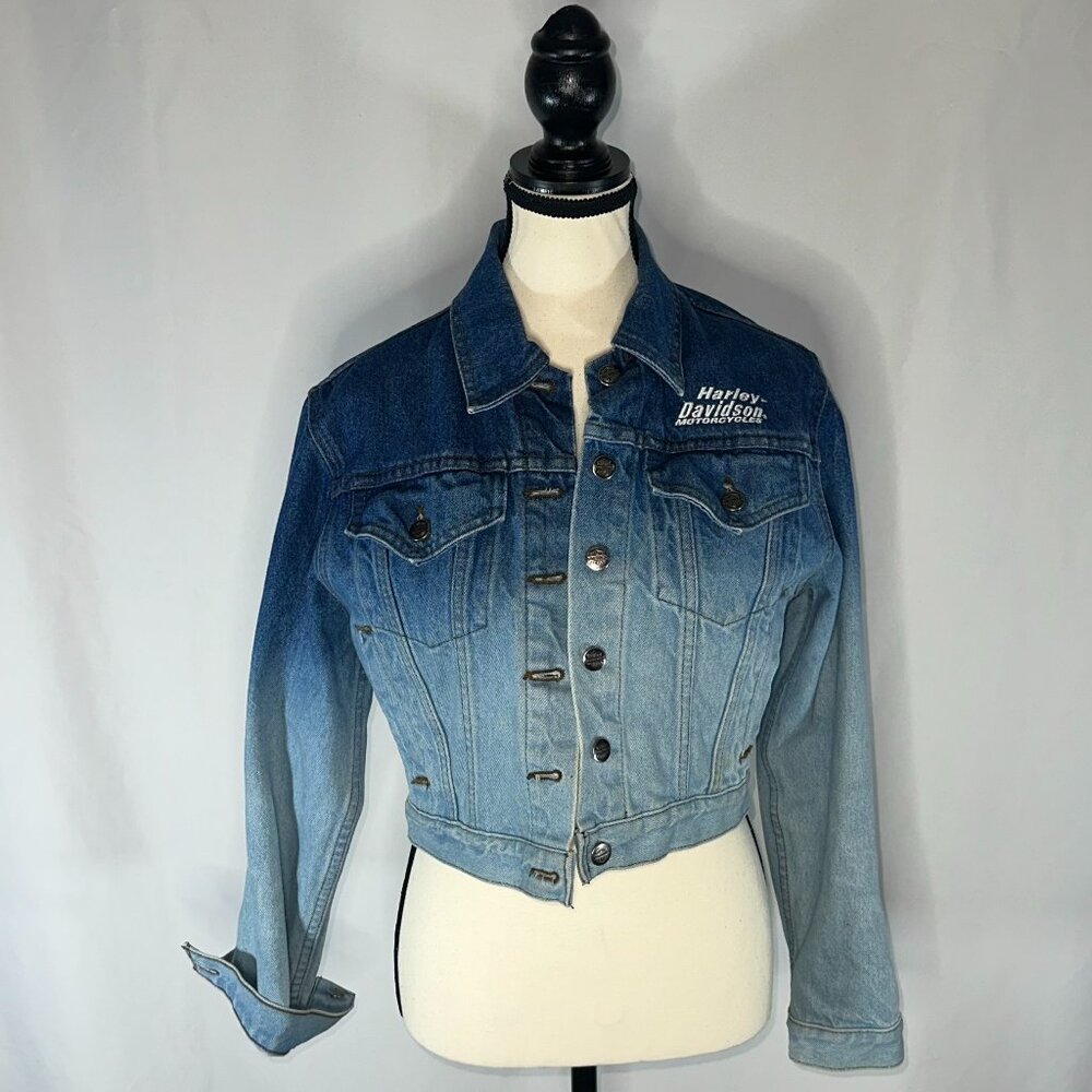 Harley Davidson Denim Cropped Ombré Jean Jacket XS Vintage Biker Motorcycle